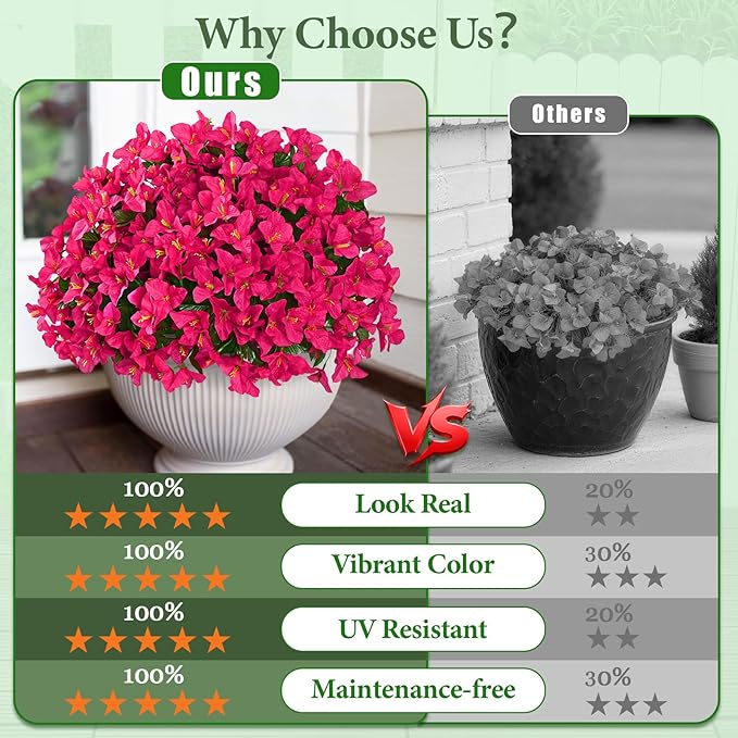 Yastouay 16 Bundles Artificial Flowers for Outdoors, Realistic Bougainvillea Fake Flowers for Outside, UV Resistant Silk Outdoor Faux Plants for Porch Patio Planter Front Door Garden Decor(Hot Pink)