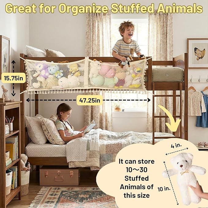 Ofiray-home Stuffed Animal Hammock, Bedside Stuffed Animal Storage Net Corner - Kids Nursery Wall Bedroom Home Decor, Cotton Bedside Toy Organizer Net with Tether, Stretches up to 47.25 In, Beige