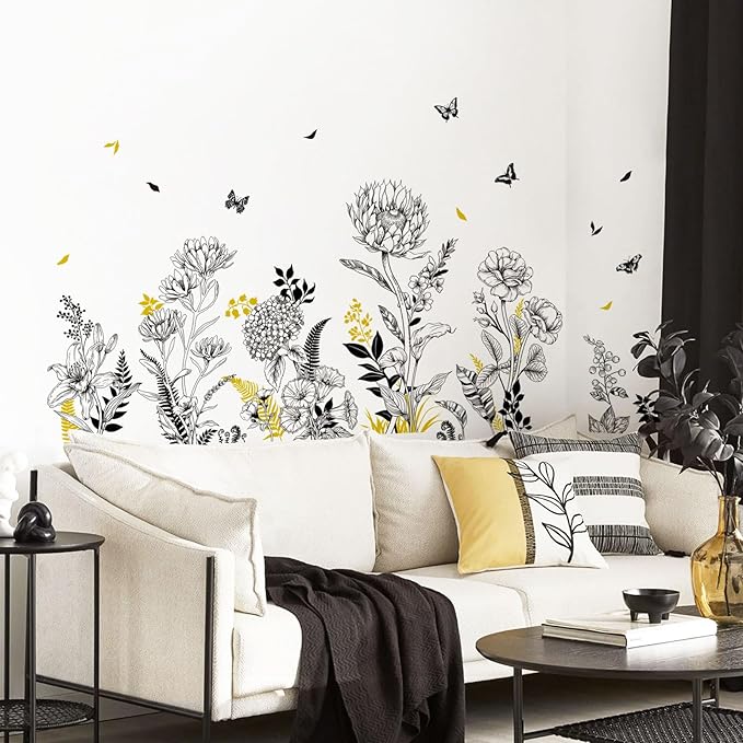 Black Yellow Flower Wall Decals, 3 Sheets Sketch Garden Floral Wall Stickers Simple Line Wildflower Grass Butterflies Art Decor Bedroom Bathroom Hallway Sofa Gifts for Mom(11.8x35.4 in/Sheet)