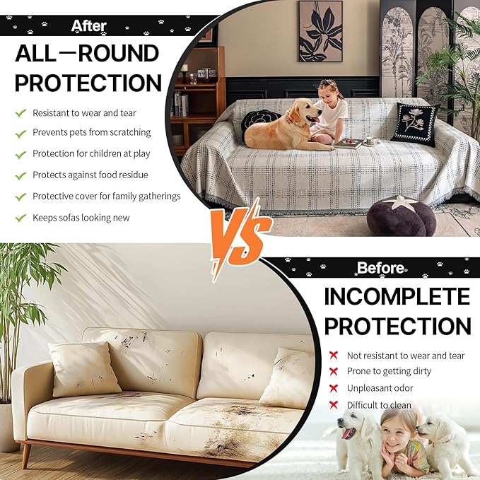 HANDONTIME Couch Cover for Sofa Washable, Checkered Sofa Cover Chic Geometric Design, Pet-Friendly Chenille Furniture Cover for Dogs & Cats Plaid Slip Covers for 3 Cushion Couch (White 71"x118")