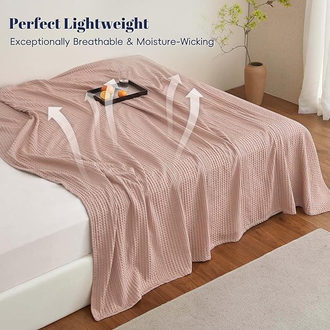 PHF Lightweight Waffle Weave Blanket King Size, Breathable & Ultra Soft, 104"x 90" Soft & Cozy Thin Blanket for All Season & Hot Sleepers, Bed, Home Decor - Rose Pink