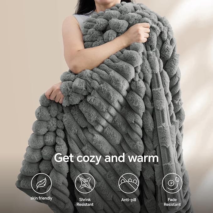 BEDELITE Faux Fur Twin Blanket for Couch - Super Soft & Cozy Plush Striped Blanket for Sofa and Room Decor, Luxury Fluffy All-Season Blankets Gift for Women, Men, Mom, Dad, 60x80 inch, Grey
