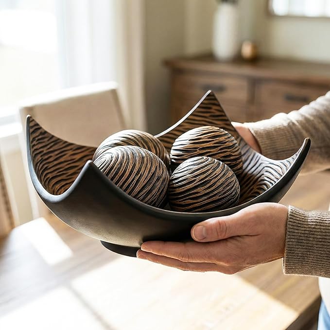 Seraphic 5pc Large Decorative Scoop Bowl Set with Stylish Orbs/Balls – Elegant Centerpiece for Dining/Kitchen Table, Living Room, or Office Decor, 14" diagonal. 11" wide and 5.75" tall, Brown