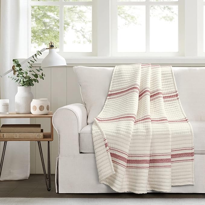 Lush Decor Farmhouse Stripe Kantha Pick Stich Yarn Dyed Cotton Woven Throw Reversible Ticking Pinstripe Design Blanket, 50" x 60", Red