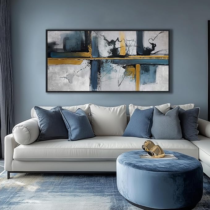 Abstract Canvas Wall Art Framed Modern Wall Art for Living Room Navy Blue Artwork for Walls, Above Bed Wall Decor With Navy and Gold for Bedroom and Living Room Office Pictures Wall Decor 29×58IN