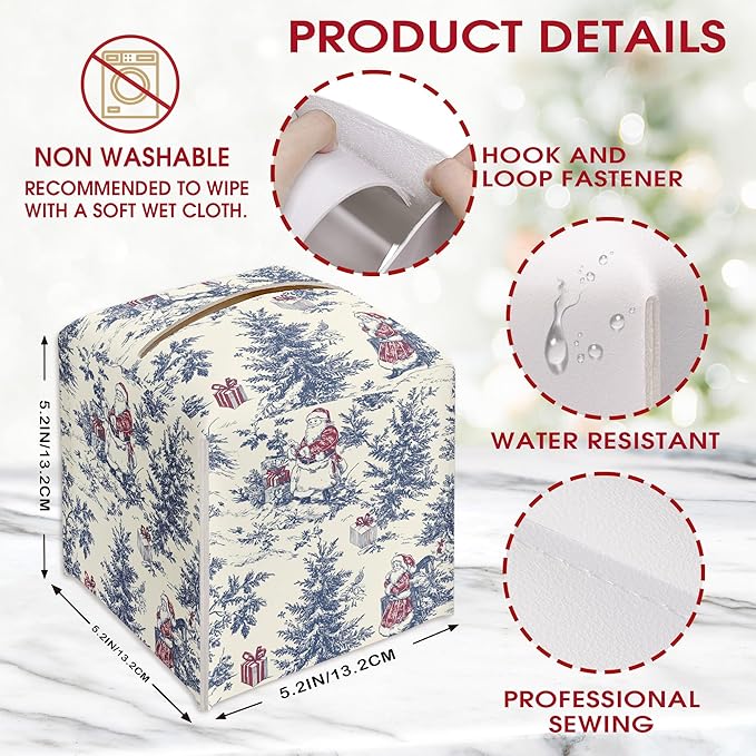 Watercolor Blue Chinoiserie Tissue Box Cover, Christmas Santa Claus Tissue Box Cover Square, Xmas Gift Ideas for Family Friends, Bathroom Kitchen Car Office Home Table Decor(5.2 Inches)-B18