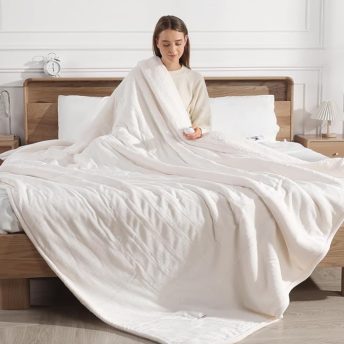 King Size Heated Blanket Dual Control Heated Blanket - Soft Silky Plush Electric Blanket with 5 Heating Level & 10 Hour Auto Off, ETL Certified & Machine Washable, for Grandma Gifts(Cream White)