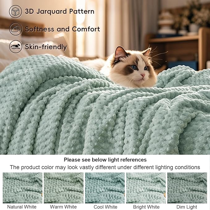 PHF Ultra Soft Flannel Fleece Blanket King Size, Lightweight 3D Jacquard Fleece Blanket, No Shedding, No Pilling, Luxury 340GSM Aesthetic Fluffy Cozy for Bed Room Decor, 108"x90", Sage Green