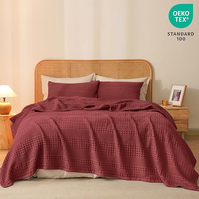 PHF 100% Cotton Waffle Weave Blanket Queen Size for Bed, Soft Lightweight & Breathable for Spring and Summer, All-Season Comfort, Luxury Aesthetic Blanket for Home Decor, 90"x90", Wine Red