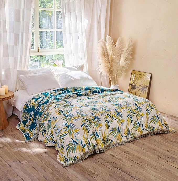 Boho Throw Blanket - 100% Cotton Throw Blankets for Bed Couch, 50"x60" Soft Muslin Lightweight Spring Throw Blanket, Cozy Plant Printed Bohemain Bedding Decor Green Throw Quilt