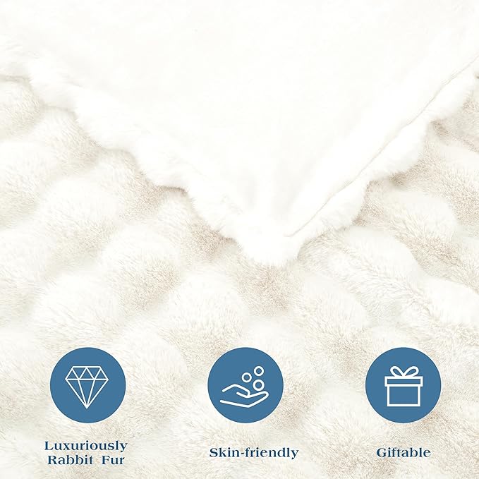 JONIYEAR Extra Large Soft Fuzzy Bubble Faux Rabbit Fur Bed Blanket Full Size 70" x 80", Decorative Big Thick Warm Fluffy Blanket for Winter, Luxury Cute Cozy Shaggy Comfy Furry Blankets, Cream White