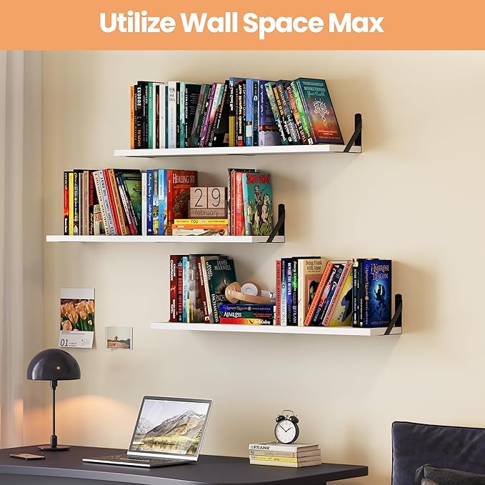 upsimples 35.4 Inches Floating Book Shelves for Wall, Long Floating Wood Shelves for Living Room, Library, Bedroom, Office Organizer and Storage, White