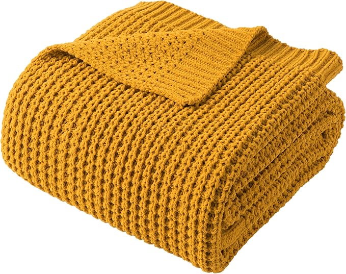 Bunnikins & Clover Knitted Waffle Throw Blanket 60x80 Inches, Mustard Yellow Throw Blanket for Couch, Soft Cozy Chenille Knit Blanket Warm Decorative Throw for Sofa