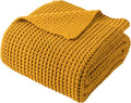Bunnikins & Clover Knitted Waffle Throw Blanket 60x80 Inches, Mustard Yellow Throw Blanket for Couch, Soft Cozy Chenille Knit Blanket Warm Decorative Throw for Sofa
