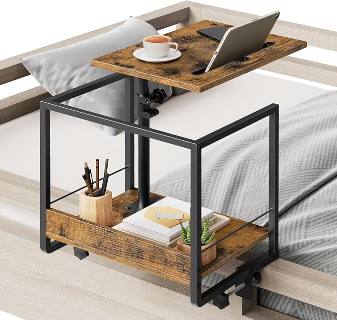 Bedside Shelf, Bed Shelf with 360° Rotating and Height-Adjustable Tray, Drom Side Tray Table, Nightstand with Storage for College, Bedroom, Rustic Brown and Black