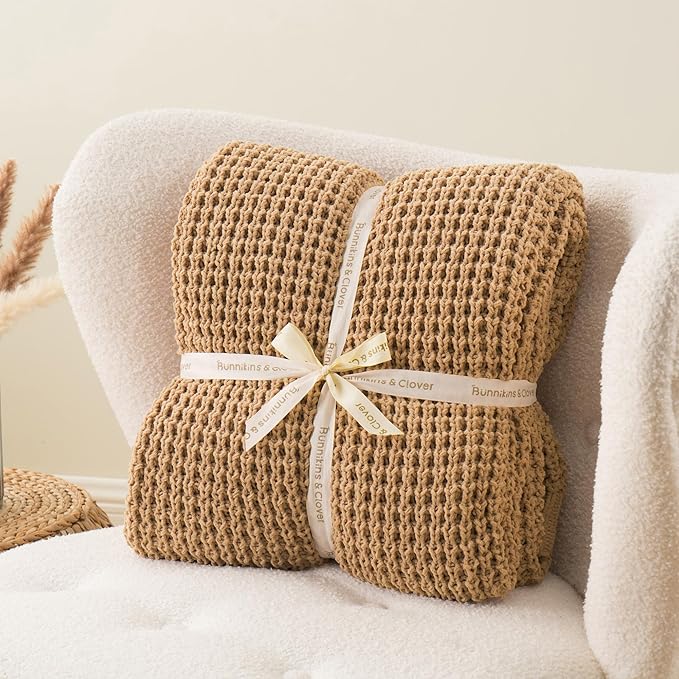 Bunnikins & Clover Beige Throw Blanket for Couch, Knitted Beige Throw for Bed, Neutral Throw Blankets Tan Blanket for Room Decor Housewarming Gifts, 60"x80"