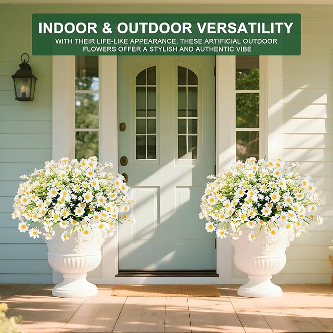 12 Bundles Artificial Daisy Flowers for Outdoors Summer Decor, UV Resistant Fake Flowers Faux Plastic Greenery Shrub Plants for Outside Home Gardens Porch Planter Indoor Spring Cemetery Décor(White)