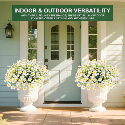 12 Bundles Artificial Daisy Flowers for Outdoors Summer Decor, UV Resistant Fake Flowers Faux Plastic Greenery Shrub Plants for Outside Home Gardens Porch Planter Indoor Spring Cemetery Décor(White)