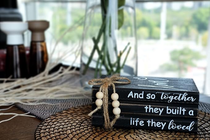 LIVDUCOT Book Stack Decor Black | Farmhouse Stacked Books | Coffee Table Books Decor | Wooden Bookstack Mantle Decoration | And So Together They Built A Life They Loved 7.5x5x3'