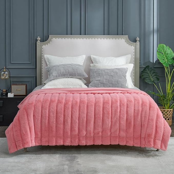Cozy Bliss Deluxe Sheared Rabbit Faux Fur Throw Blanket, Soft Fuzzy High-Low Sculpted Plush Blanket for Couch, Cozy Home Accent, All Season Use, Pink 90"x90"