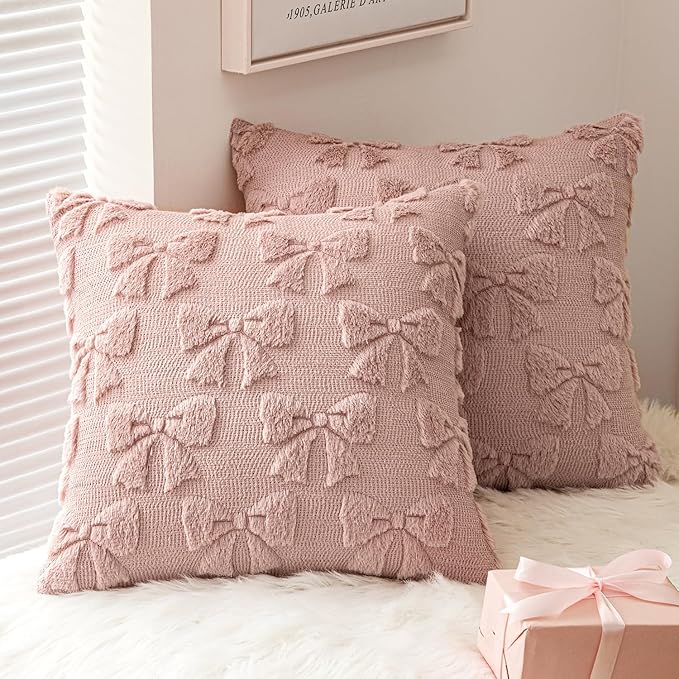 MIULEE Blush Pink Bow Pillow Covers Coquette Room Decor Aesthetic Set of 2 Spring Decorative Cute Girl Soft Plush Faux Pillowcase for Preppy Room Decor Bedroom Couch,20x20 Inch