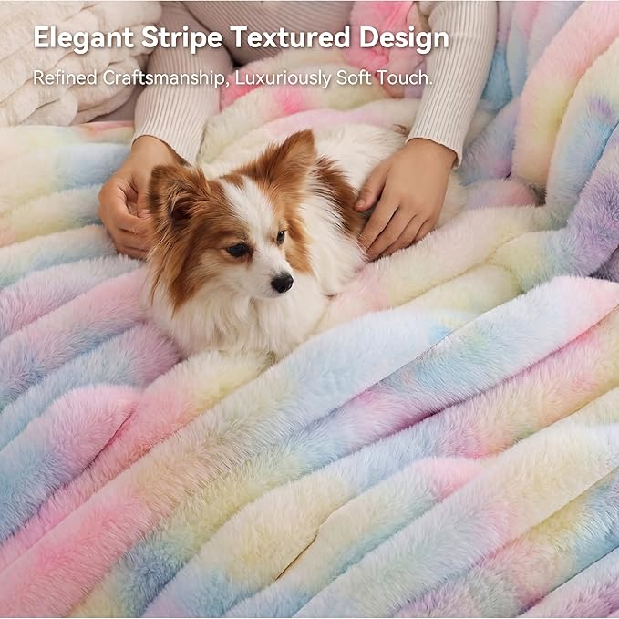 Smoofy Fluffy Faux Fur Throw Blanket - Super Soft Thick Plush Cozy Fuzzy Rabbit Fur, Luxury Warm Fleece Minky Stripe Blanket for Couch, Sofa, Room Decor Gift for Women, Colorful Rainbow Throw, 50x60