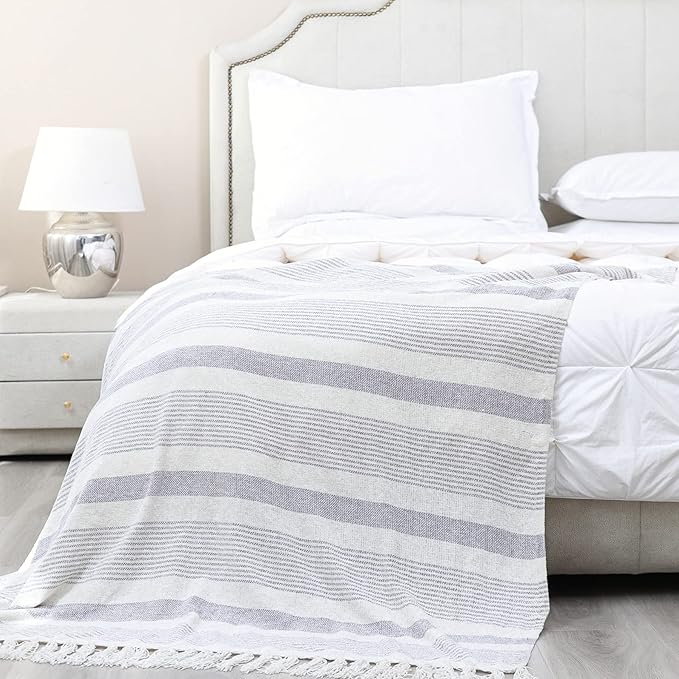 Decorative Grey Ivory Striped Throw with Fringe, Soft Chenille Knitted Farmhouse Lightweight Blanket with Tassels for Couch Sofa Chair Bed Office Home Décor, Gray and Off White,50" x 60"