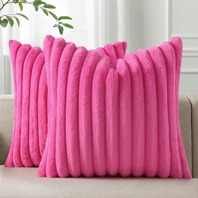 Pallene Faux Fur Plush Throw Pillow Covers 24x24 Set of 2, Luxury Soft Fluffy Striped Decorative Pillow Covers for Sofa, Couch, Living Room, Hot Pink