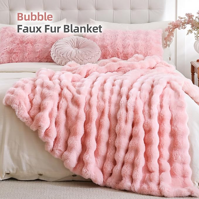 Smoofy Faux Fur Throw Blanket for Couch – Blush Pink Fluffy Cozy Rabbit Fleece, Plush Soft Bubble Blanket for Sofa & Bed, for Mom, Warm Fuzzy Home Room Decor Throw 60" x 80"