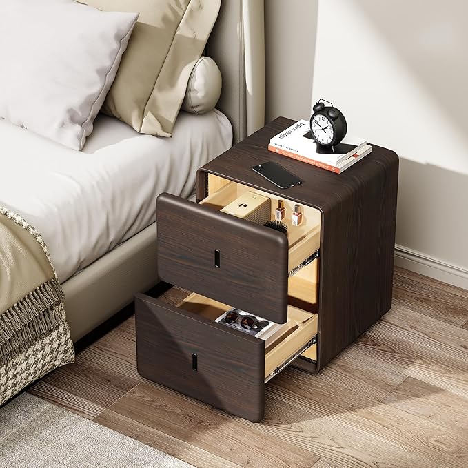 VICITON Narrow Nightstand with Drawers, Faux Leather Bedside Table, Solid Wood Drawer, Small Side Table for Bedroom (Leather Black Walnut, 15.7" x 15.7" x 19.7")