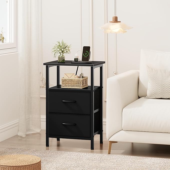Vagusicc Nightstand Set of 2 with Charging Station, Bedside Table with Outlet & USB Ports, Black Night Stand with Fabric Drawers, 24.2" Tall Bed Side Table End Table with Open Shelf for Bedroom, Black