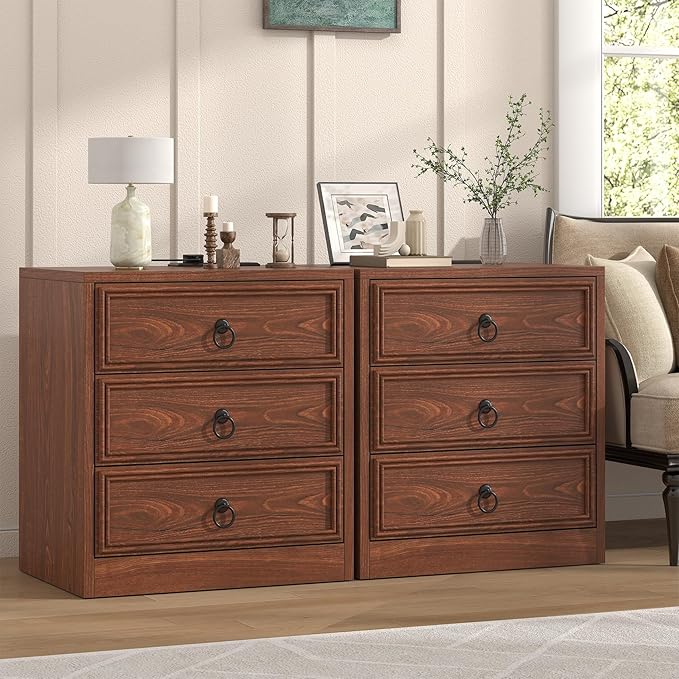 Farmhouse Nightstand with Charging Station, 21.7" Wide End Table with 3 Drawers, Cherry Wood Side Table, Bedside Table for Bedroom, Living Room, Sofa