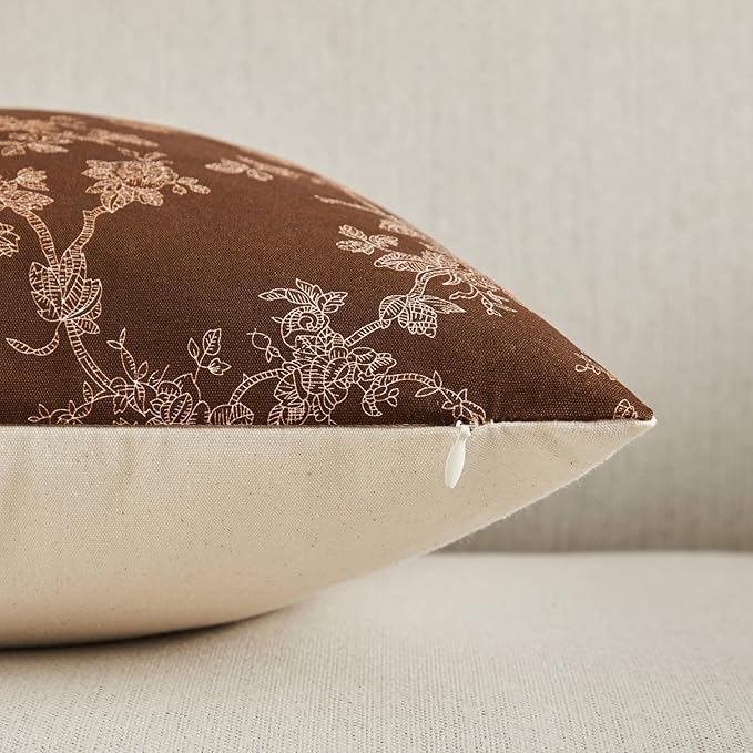 100% Cotton French Pastoral Throw Pillow Covers Set of 2, 16x16 Inch Background/Brown Farmhouse Decorative Cushion Covers for Sofa Bed Living Room Home Decor