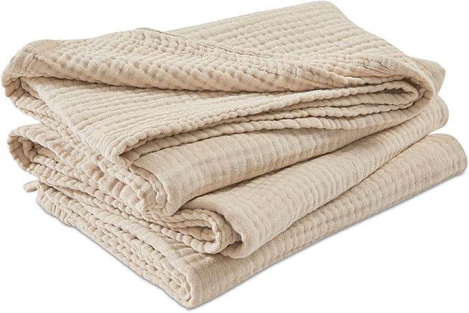 EMME Cotton Muslin Queen Blanket Bed Layering Bedspread Coverlet Breathable Gauze Soft Lightweight Blankets (Heather Beige, 90"x90")