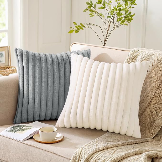 Pallene Faux Fur Plush Lumbar Throw Pillow Covers 12x20 Set of 2, Luxury Soft Fluffy Striped Decorative Pillow Covers for Sofa, Couch, Living Room, Grey