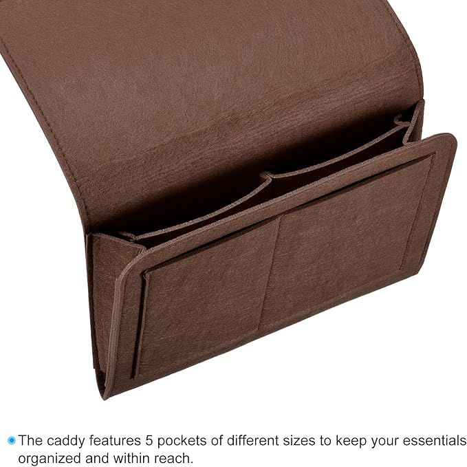 PATIKIL 11in Bedside Caddy, Bed Caddy Bedside Organizer Hanging Soft Felt 5 Pockets Bed Pockets Bedside Storage Organizer Remote Control Holder for Bedroom Phones Glasses, Brown
