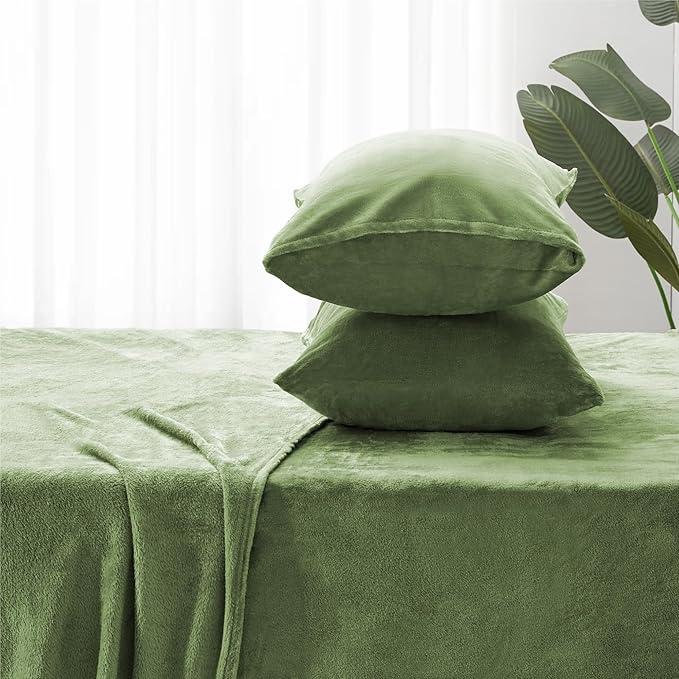 BEDELITE Flannel Sheets Queen Size Sage Green - Super Soft Fleece Sheets Set Fluffy Extra Plush, 4 Piece(Include Fitted Sheet, Flat Sheet, 2 Pillowcases)