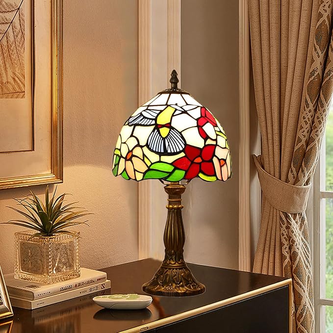 Tiffany Style Table Lamp, Hummingbird Style Stained Glass Lamp, 8 Inch Small Antique Lamp, for Bedside Nightstand Bedroom Living Room Home Office, Include LED Bulb