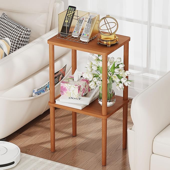 Solid Wood Side Table, 2-Tier Tall End Table with Storage Shelf, Small Nightstand Bedside Table for Bedroom, Living Room, Kids Room & Small Spaces, No-Tool Assembly,(Walnut)