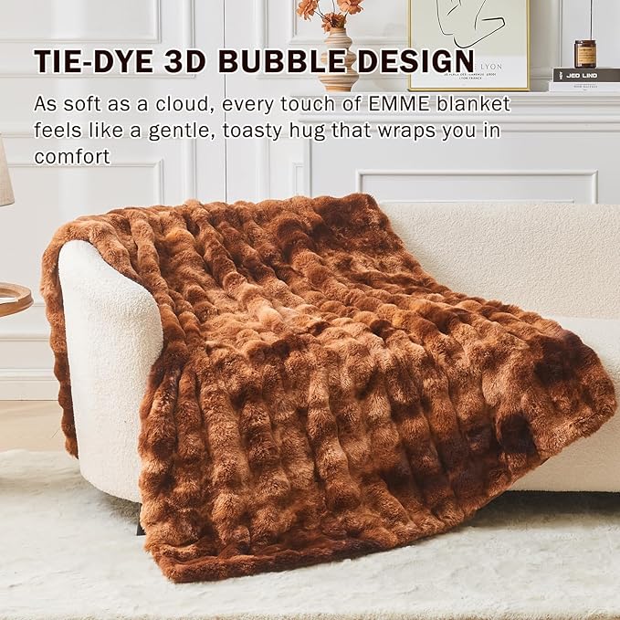 EMME Faux Fur Blanket Twin Size Tie Dye Dark Brown - Big Bubble Rabbit Cozy Blanket for Couch, Thick Furry Plush Shaggy Blankets, 650GSM, 60x80 Inches