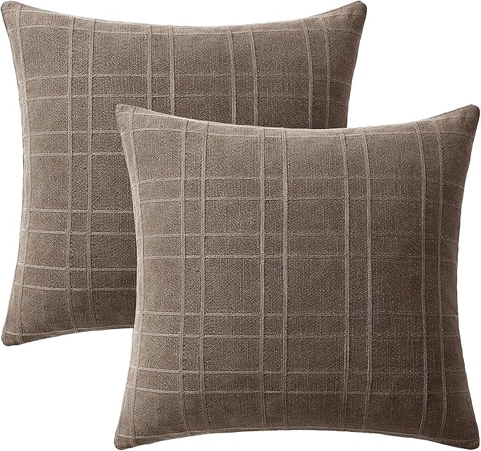 MIULEE Decorative Linen Check Euro Shams Throw Pillow Covers Neutral Farmhouse Vintage Pillow Covers 24x24 Set of 2 Boho Modern Winter Home Decor for Sofa Couch Bedroom Cushion Taupe