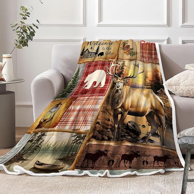 JAWO Rustic Cabin Throw Blankets, Farmhouse Country Antique Deer Moose Forest Vintage Cozy Warm Bed Couch Blanket，Hunting Camping Theme Fleece Flannel Throws to Decorate The Room and Bedroom 60X90IN