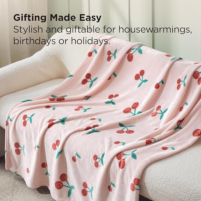 Bedsure Cute Cherry Throw Blanket - Soft Fleece Cherry Decor Throw for Girls Boys Teens Kids as Gifts, GentleSoft Aesthetic Cozy Fuzzy Fruit Pattern Blankets for Couch Sofa Bed Camping, 50x60