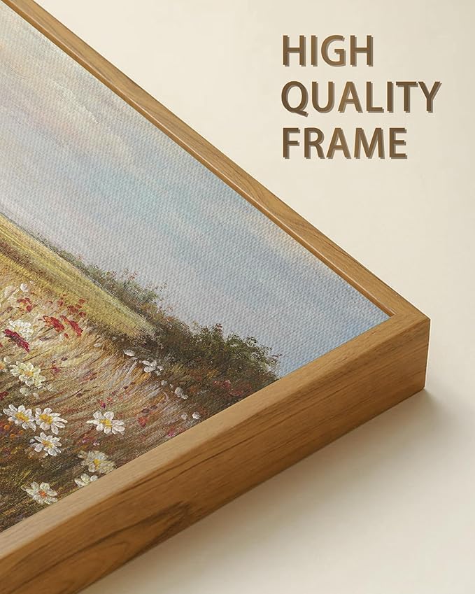 SHENIFY Vintage Framed Wall Art Meadow with Flowers Landscape Scenery Home Decor Retro Wildflower Field Decorations for Farmhouse Bedroom Ready to Hang Wall Artwork - 8x16in Natural Framed