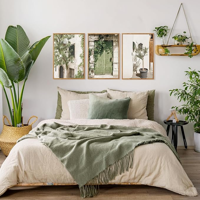 CHDITB Vintage Italy City Landscape Framed Canvas Wall Art Set Of 3, Minimalist Country Wall Decor, Nature Green Olive Tree Wall Painting, Malta Modern Art Prints for Living Room Bedroom Decor-12”x16”