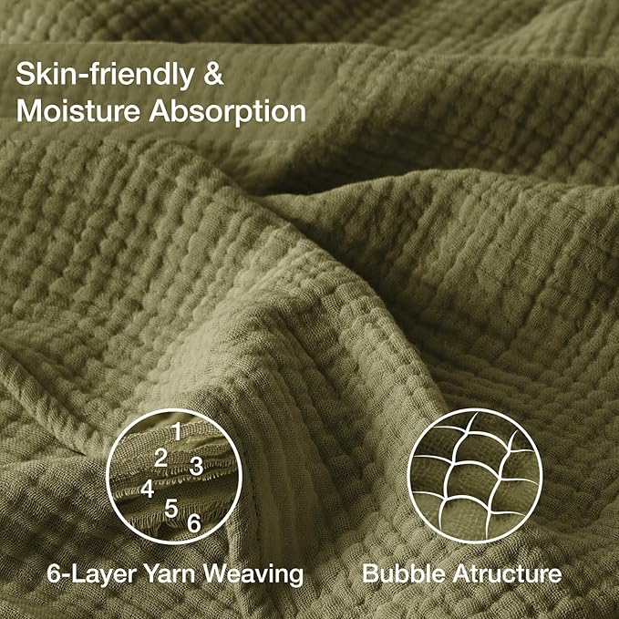 100% Cotton Muslin Blanket Large 50" x 70", Breathable and Lightweight Cotton Throw Blankets for Bed and Couch, Soft Cooling Summer Gauze Blanket for Adults All Season, Olive Green