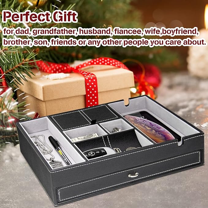 Baoyun Valet Tray for Men, 2 Layers Nightstand Organizers for Men and Women, Leather Jewelry Storage Box, Mens Dresser Top Organizer, Catch All for Jewelry Key Wallet and Phone (Black)