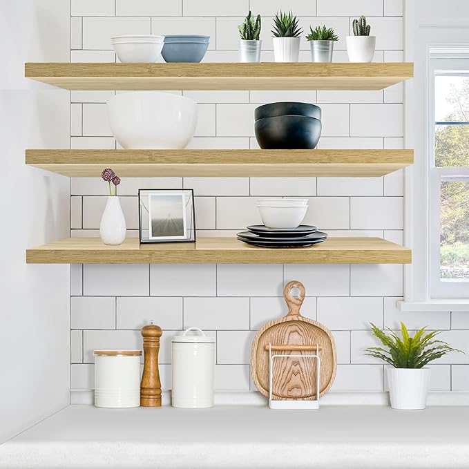 Sorbus Floating Shelves for Wall - 48 Inch Long Bathroom Shelves, Wall Decor for Bedroom, Kitchen, Living Room & Book Storage - Mounted Floating Shelf with Invisible Brackets (Maple Wood, 3 Pack)