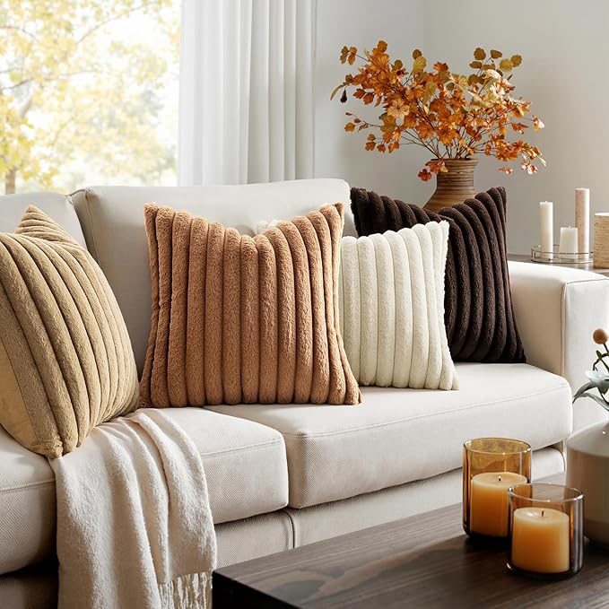 MIULEE Faux Fur Plush Decorative Throw Pillow Covers 18x18 Set of 4, Boho Farmhouse Soft Fuzzy Striped Cushion Covers for Sofa Couch Bed Living Room Vintage Rustic Home Decor,Brown