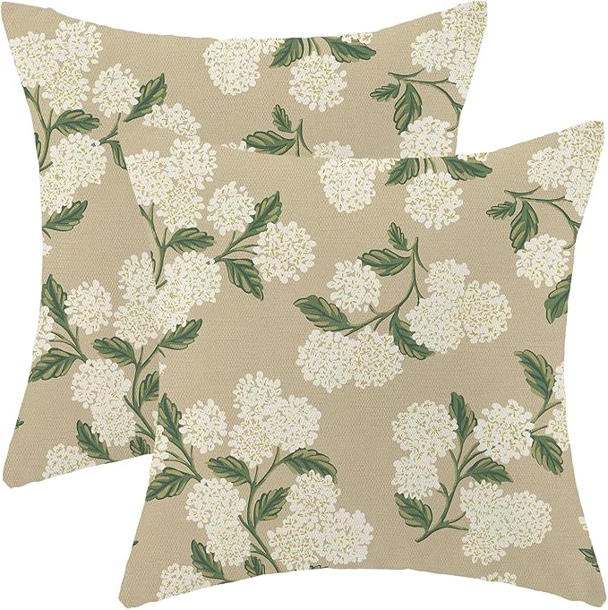 AEIOAE Spring Pillow Covers 18x18 Inch Set of 2, Beige Green Hydrangea Flower Throw Pillows Case,Floral Summer Outdoor Seasonal Decorative Farmhouse Decor Cushion Covers for Home Sofa Bed Couch